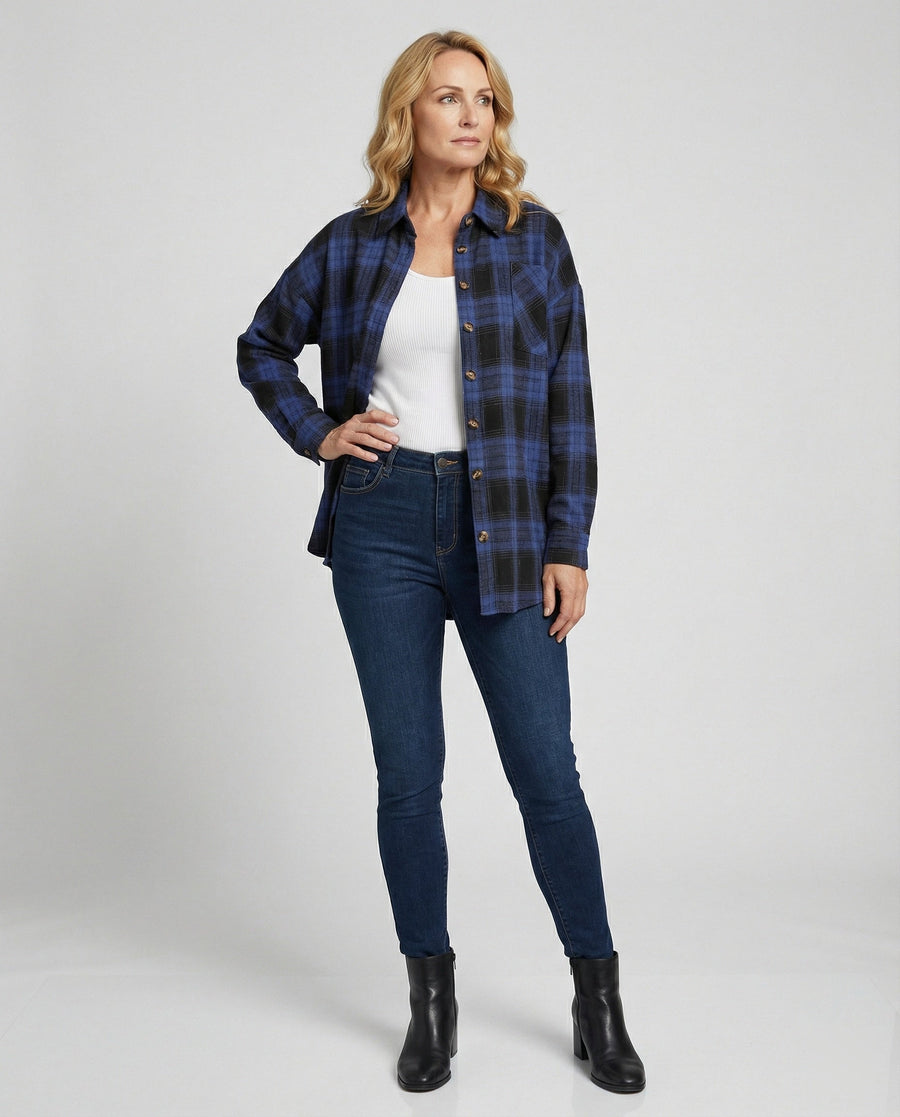 Flanellhemd Damen aus Baumwollmischung, karierte Oversize-Hemdjacke