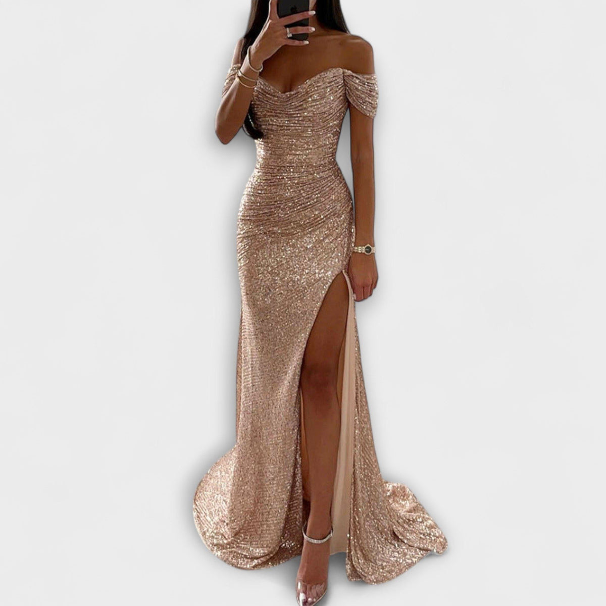 Glitzerkleid mit Raffung und Schleppe für Damen