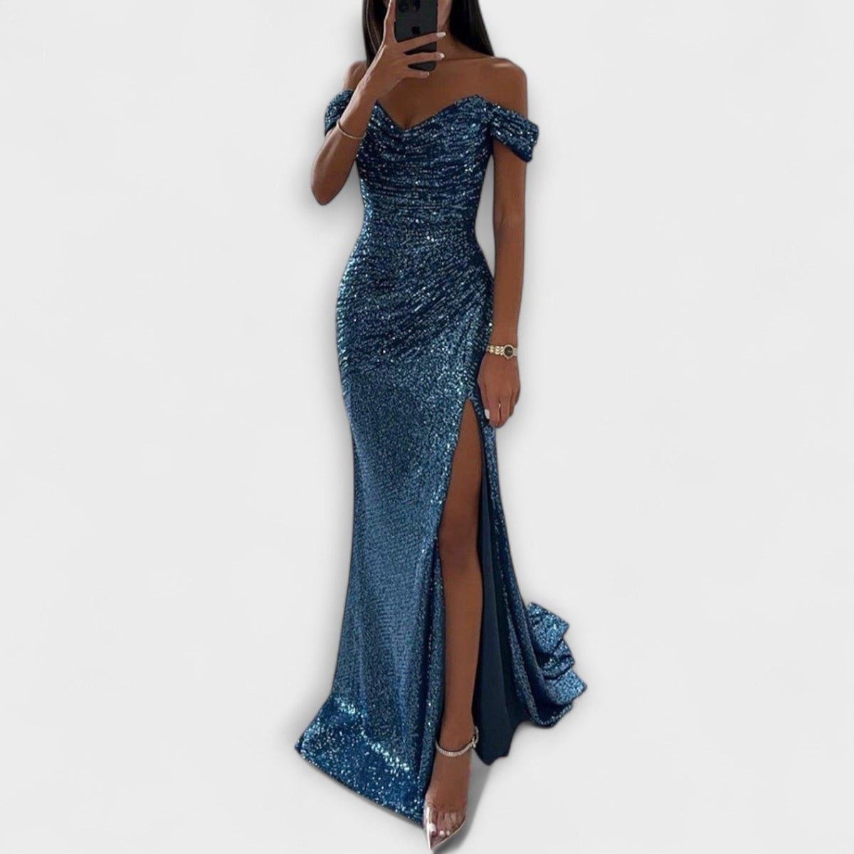 Glitzerkleid mit Raffung und Schleppe für Damen
