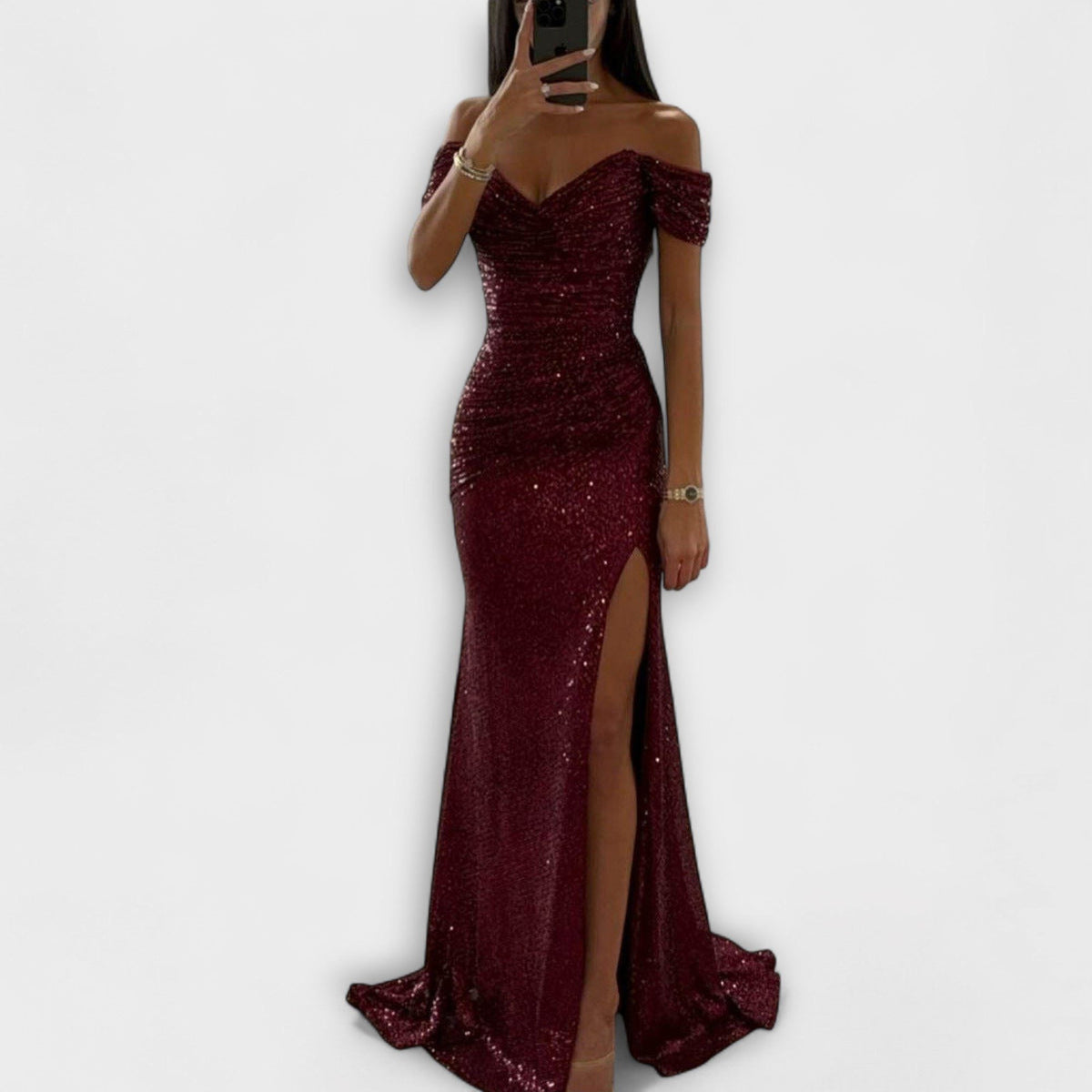 Glitzerkleid mit Raffung und Schleppe für Damen
