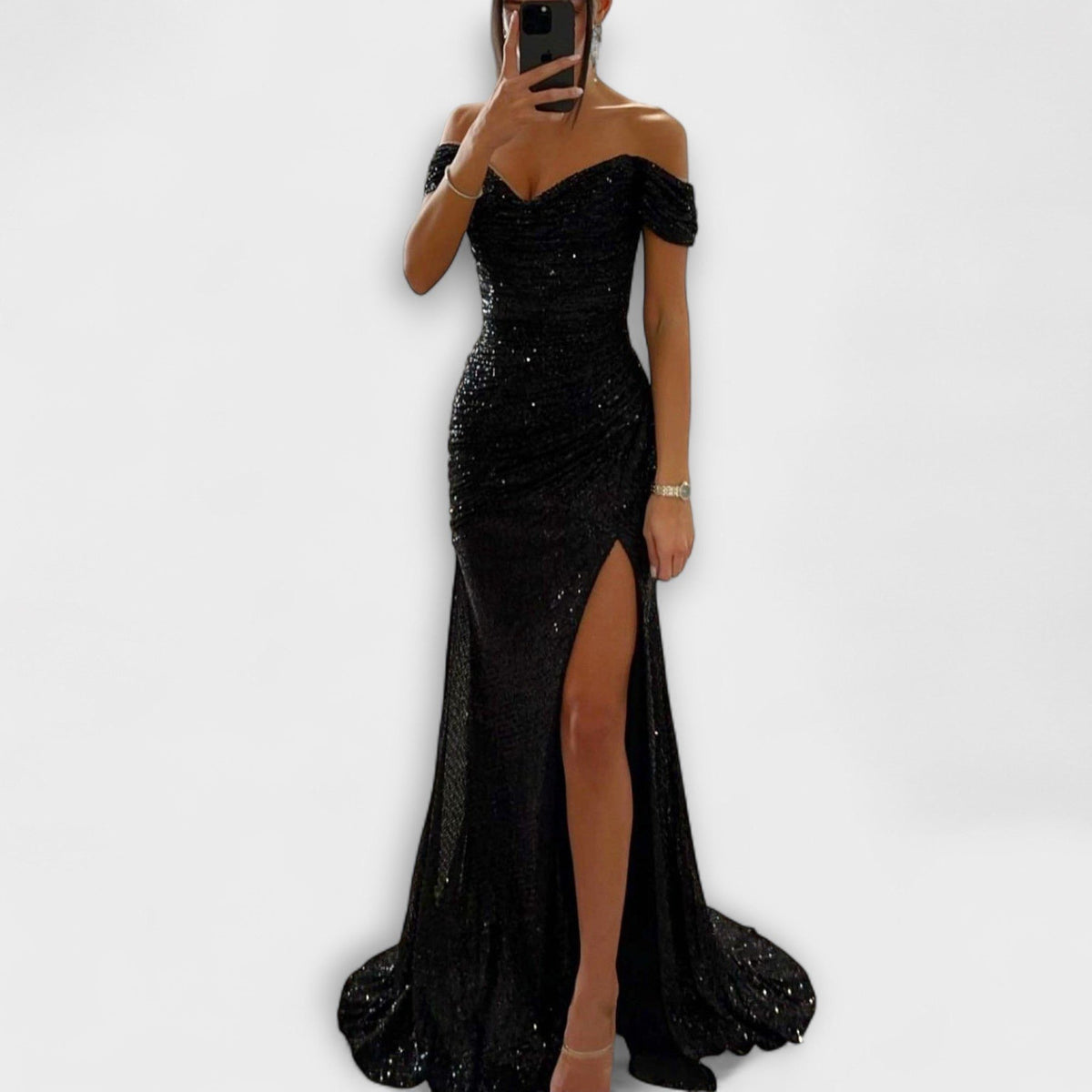 Glitzerkleid mit Raffung und Schleppe für Damen