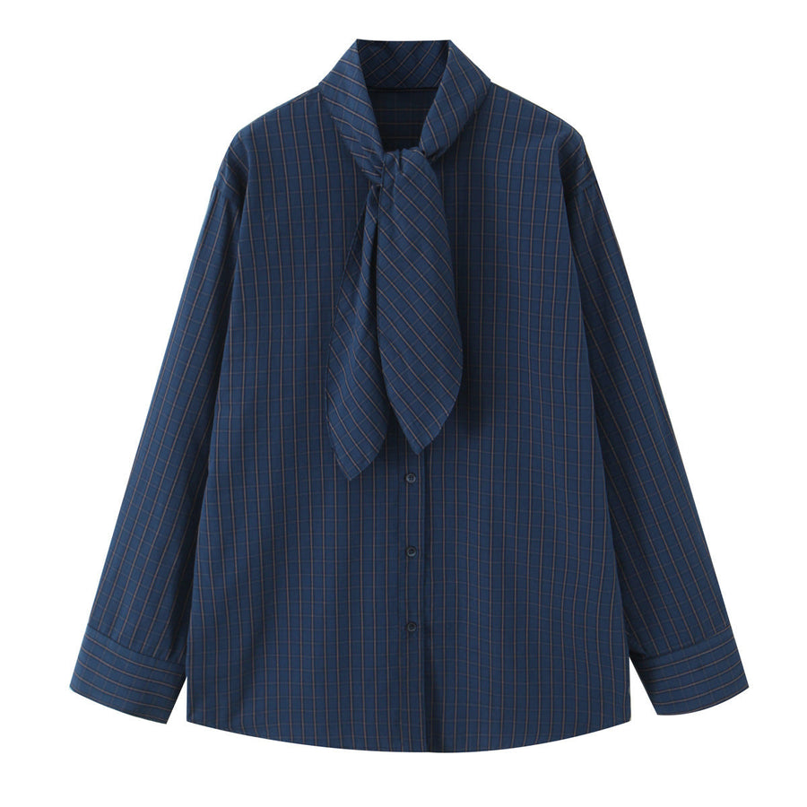 Hemdbluse Damen Oversize mit Schleifenkragen und langen Ärmeln - Marineblau