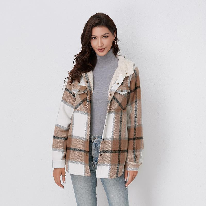 Herbstjacke mit Karomuster und Kapuze für Damen - Milchkaffee