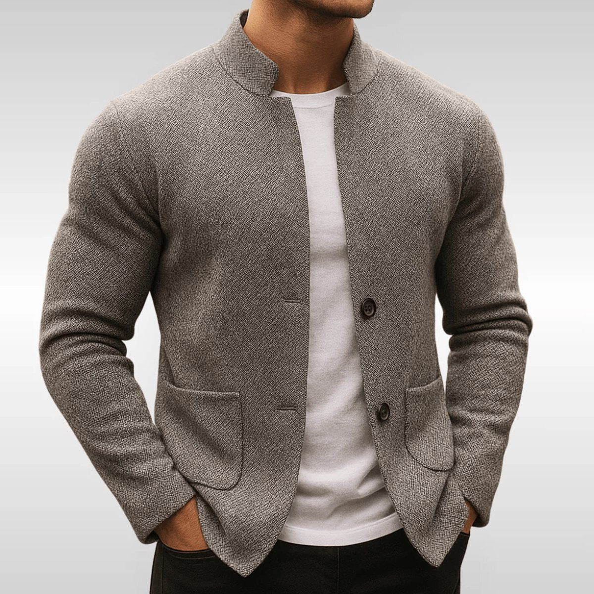 Stand-Collar Knit Jacket with Patch Pockets - Grey