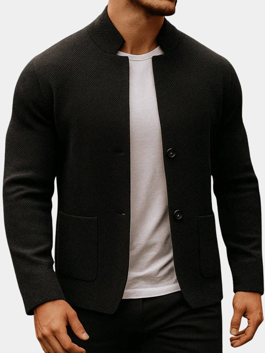 Stand-Collar Knit Jacket with Patch Pockets - Black