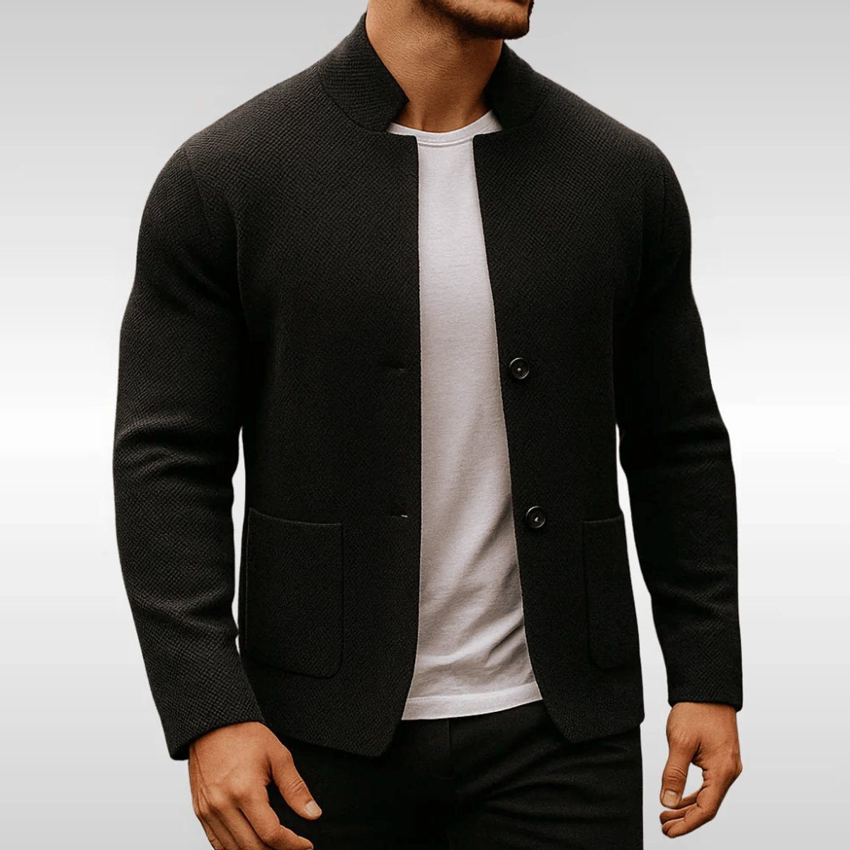Stand-Collar Knit Jacket with Patch Pockets - Black