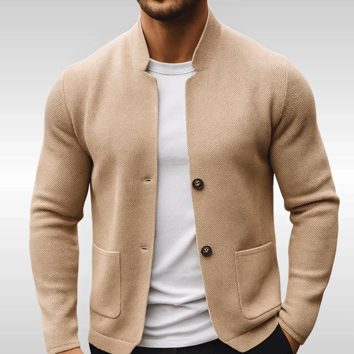 Stand-Collar Knit Jacket with Patch Pockets - Beige
