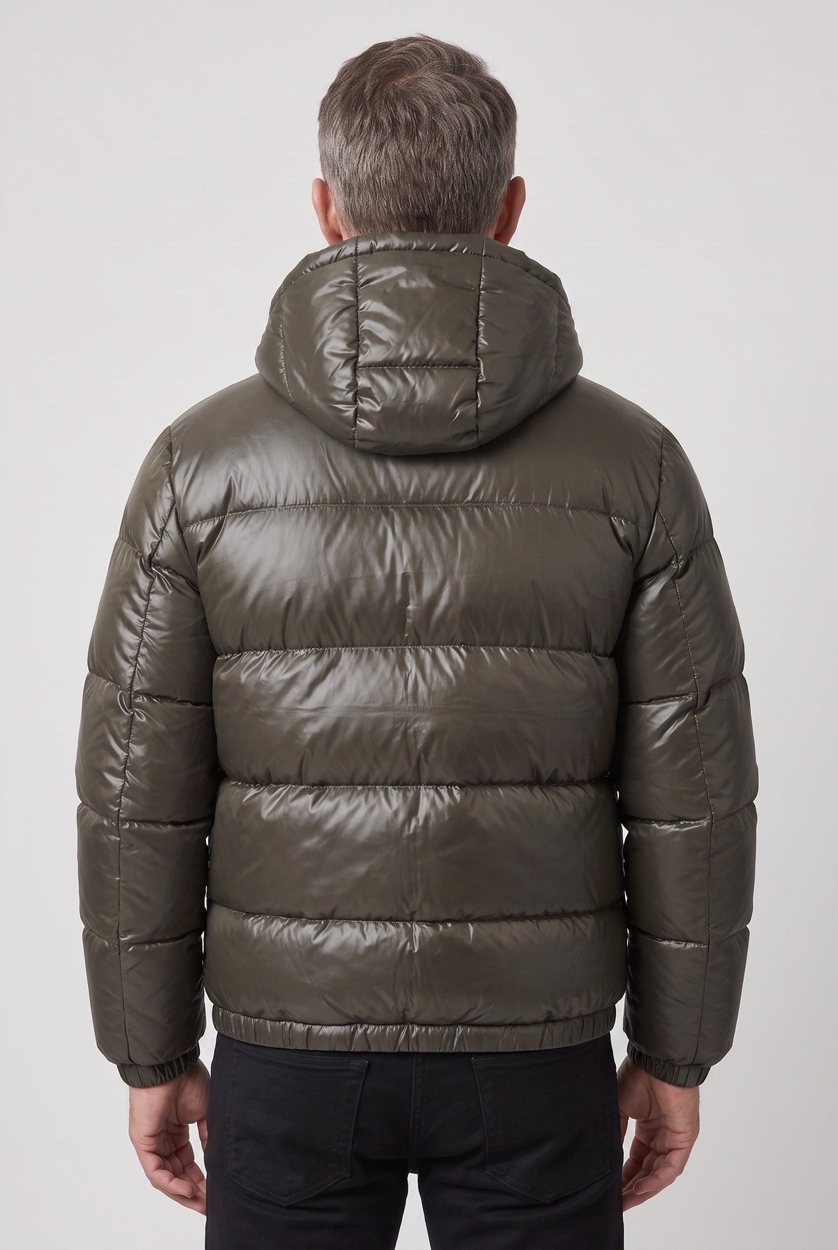 Hooded Puffer Jacket with Horizontal Quilting - Army Green