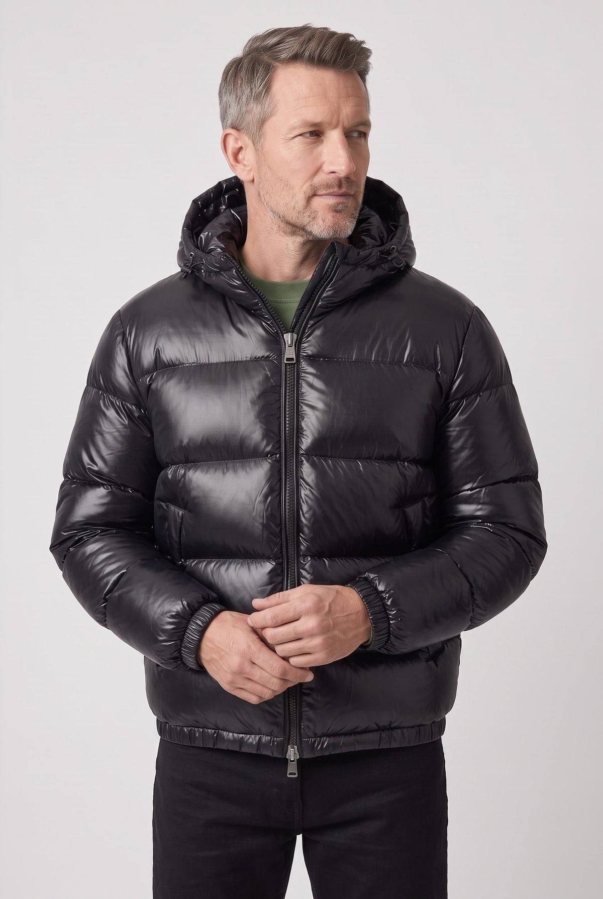Hooded Puffer Jacket with Horizontal Quilting - Black