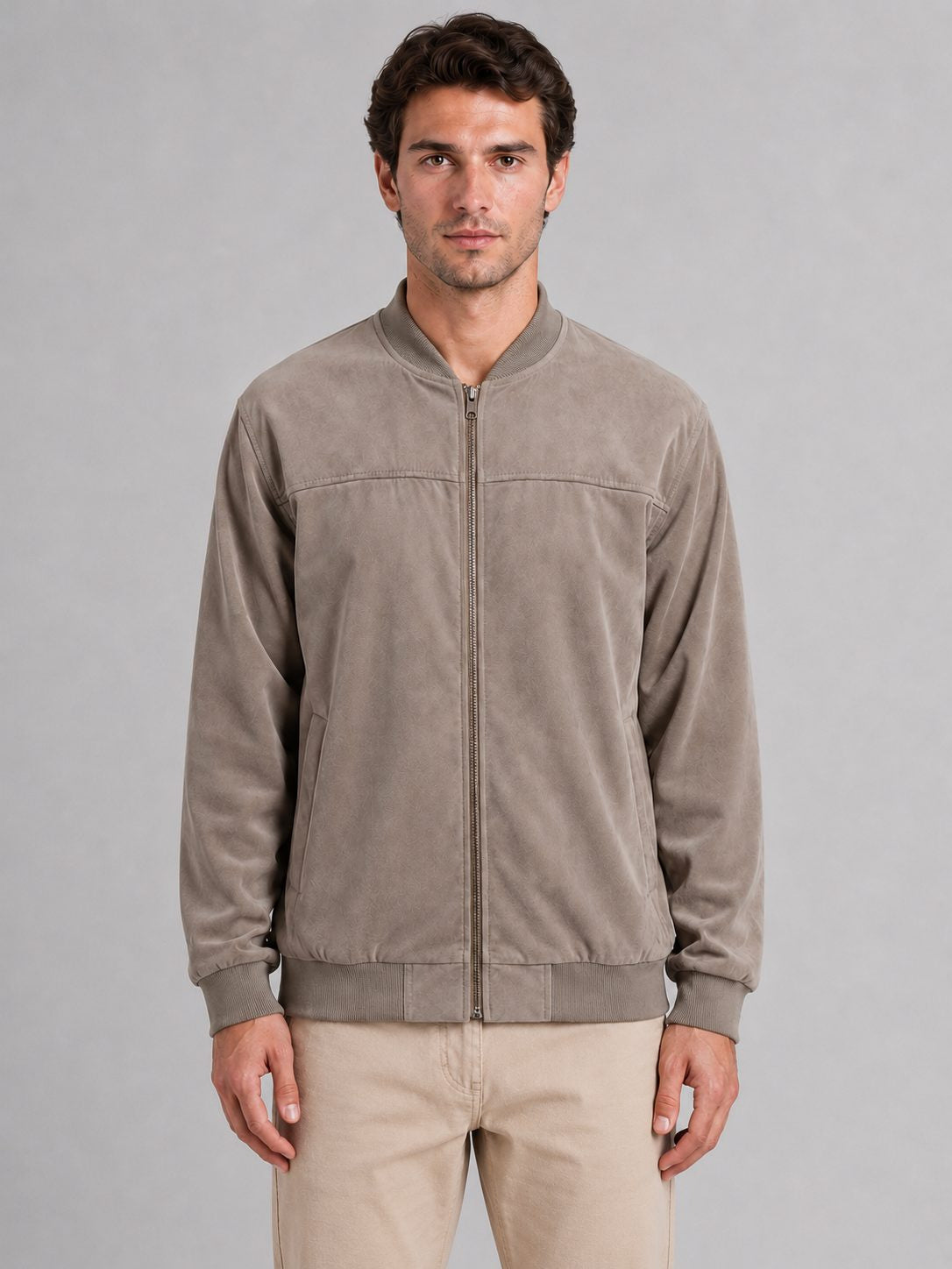 Minimal Zip-Up Bomber Jacket with Stand Collar - Khaki