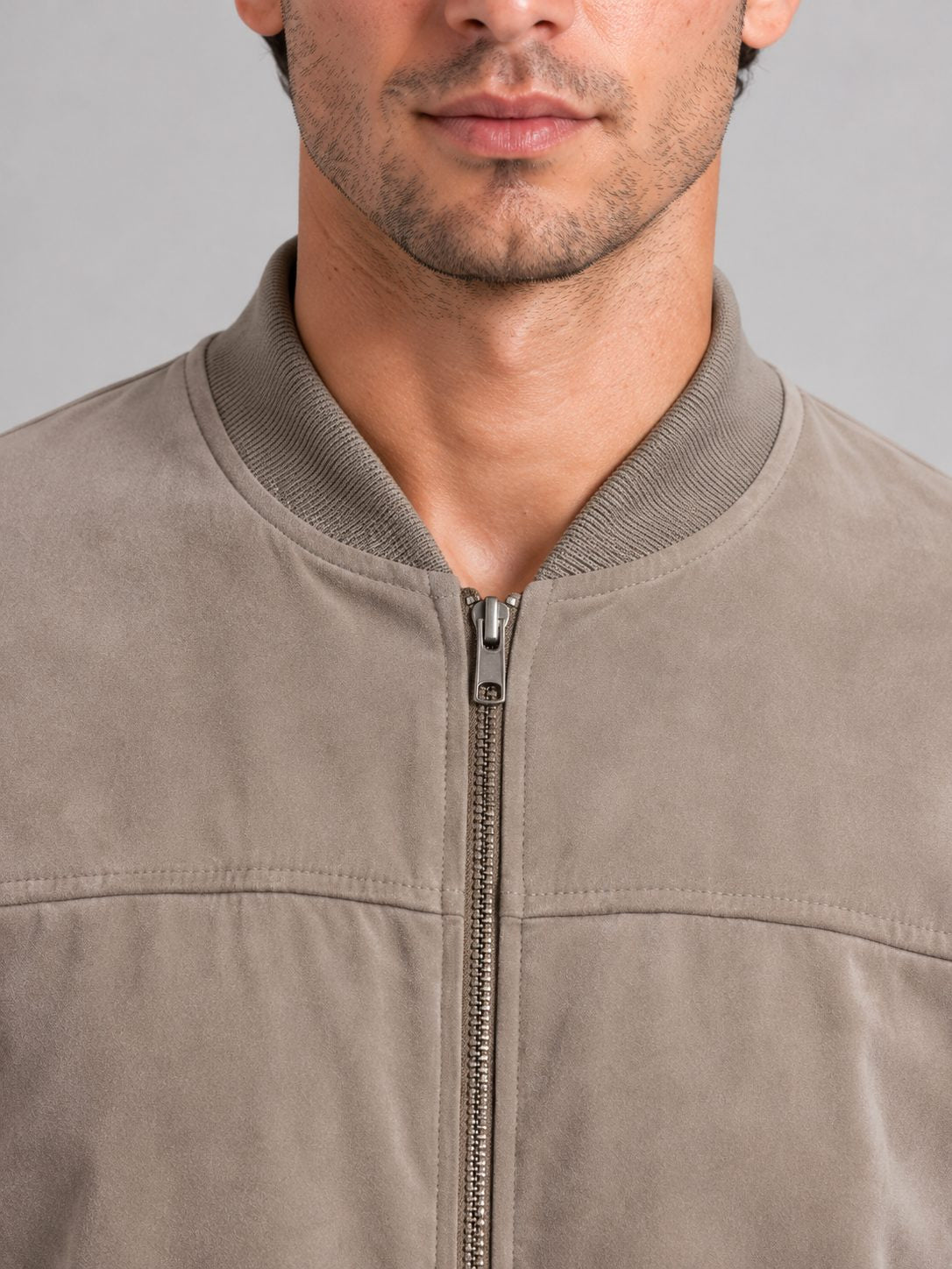 Minimal Zip-Up Bomber Jacket with Stand Collar - Khaki