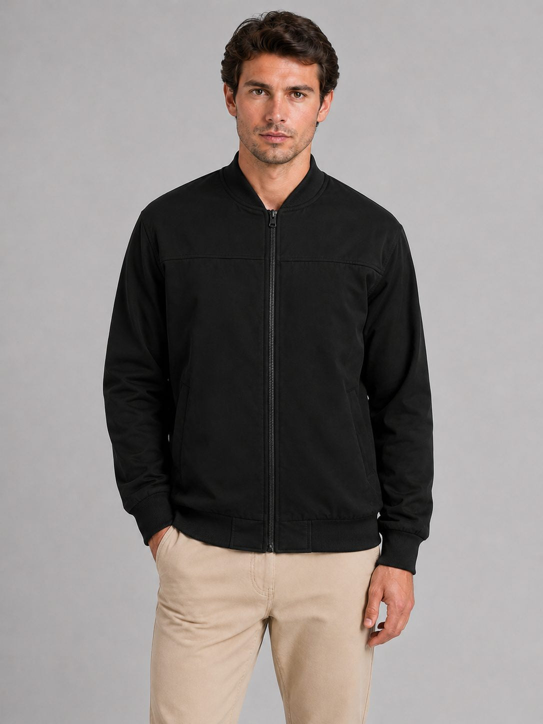 Minimal Zip-Up Bomber Jacket with Stand Collar - Black