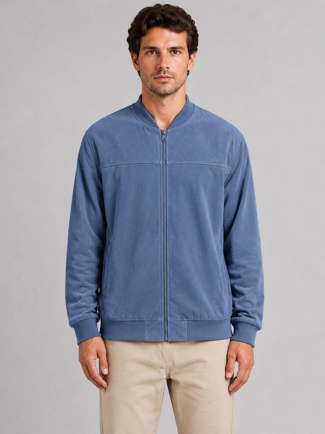 Minimal Zip-Up Bomber Jacket with Stand Collar - Blue