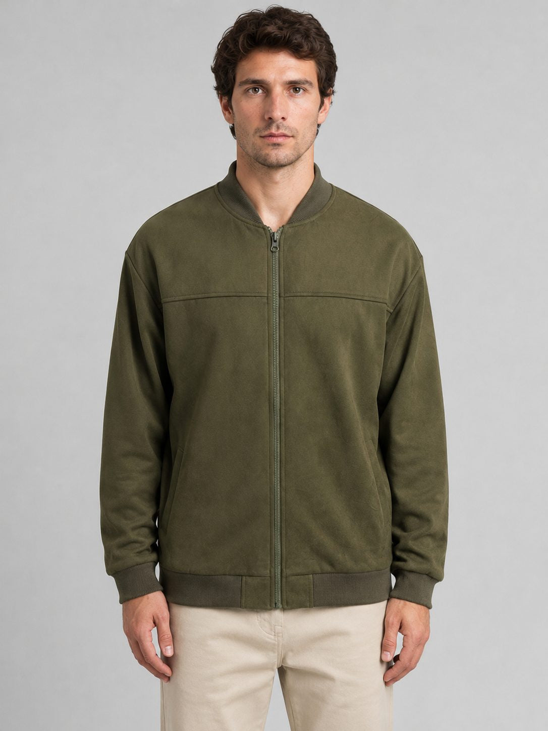 Minimal Zip-Up Bomber Jacket with Stand Collar - Green