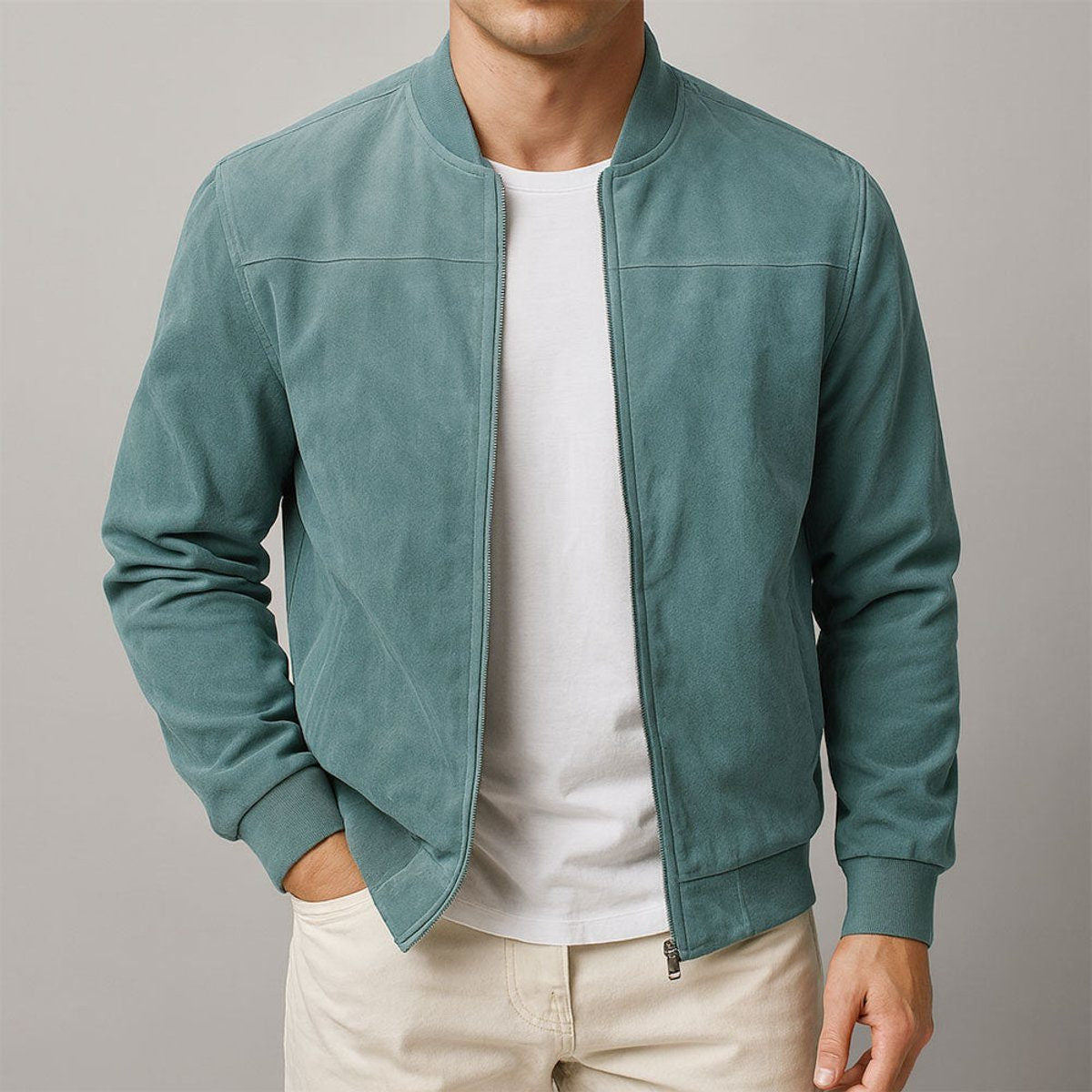 Suede-Look Zip-Up Bomber Jacket - Blue
