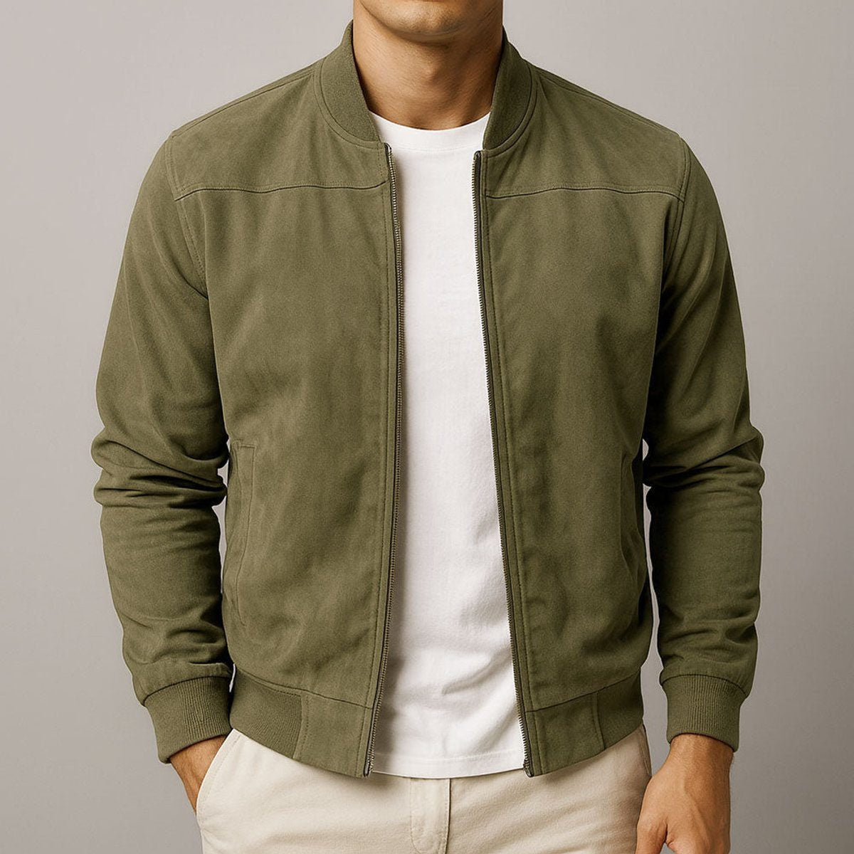 Suede-Look Zip-Up Bomber Jacket - Green