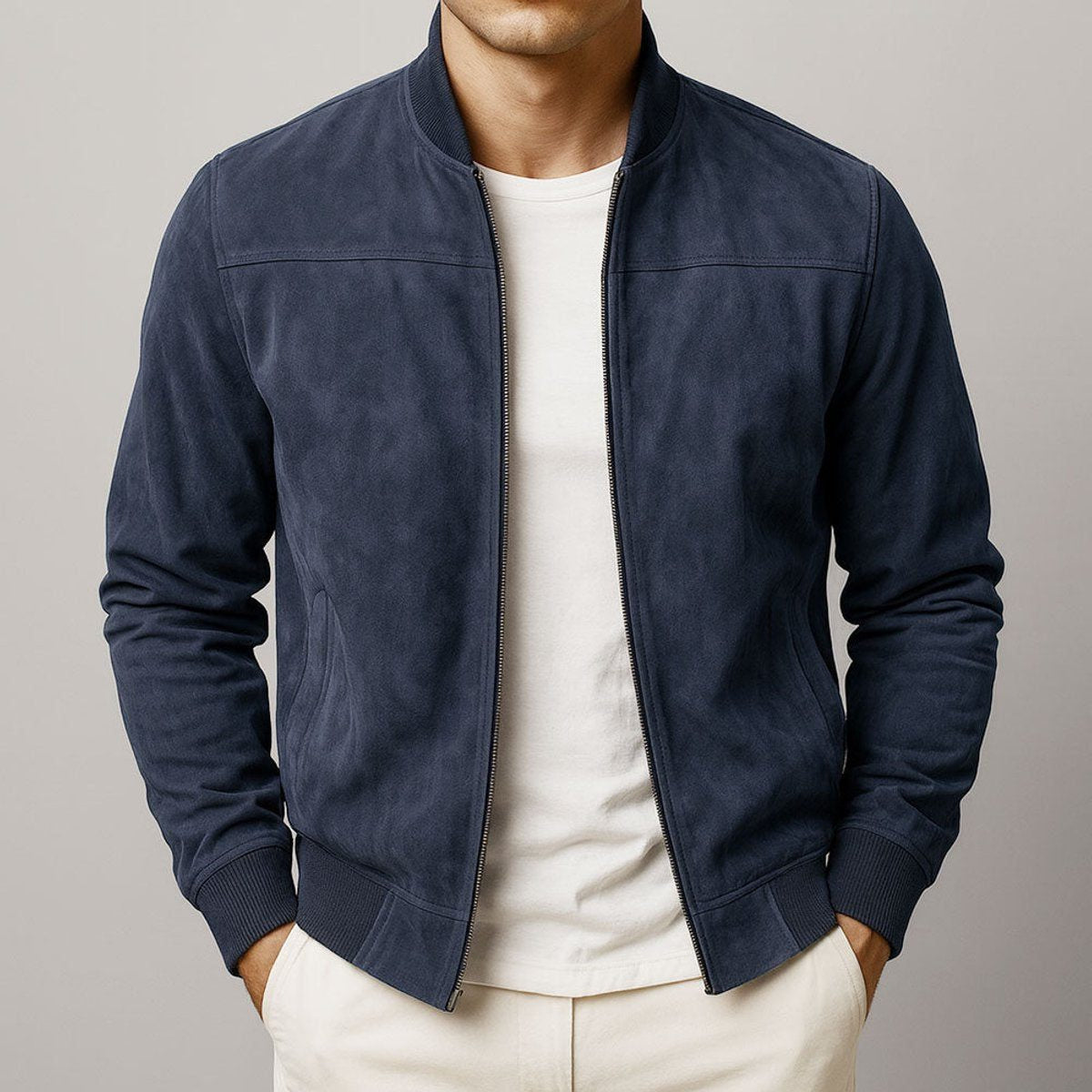 Suede-Look Zip-Up Bomber Jacket - Navy
