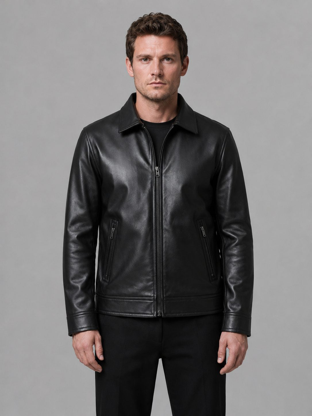 Leather-Look Zip Jacket with Point Collar - Black