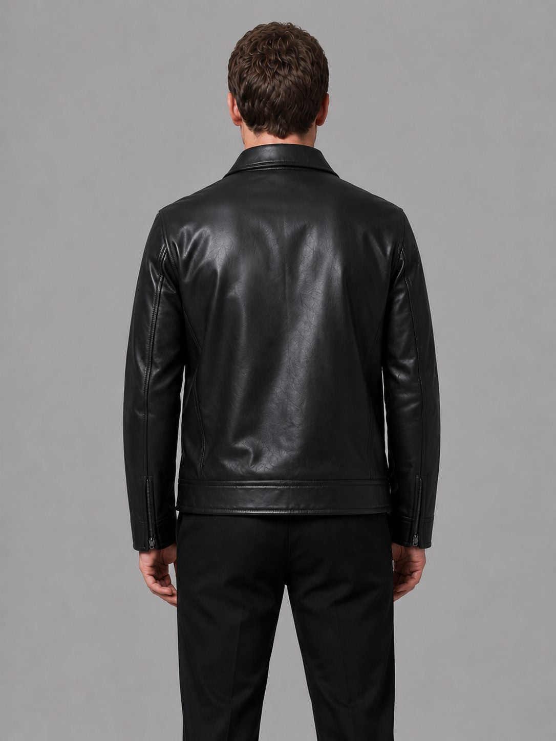 Leather-Look Zip Jacket with Point Collar - Black