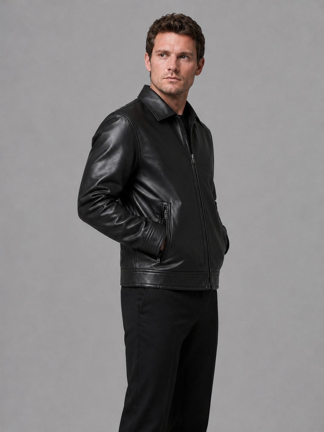 Leather-Look Zip Jacket with Point Collar - Black