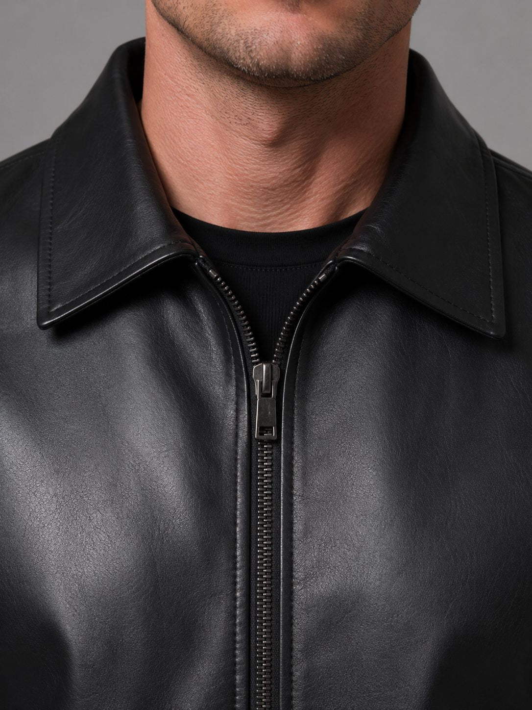 Leather-Look Zip Jacket with Point Collar - Black