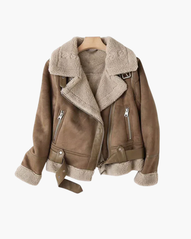Suede-Look Aviator Jacket with Sherpa-Style Trim - Brown