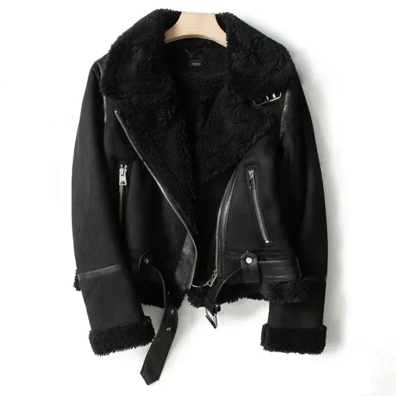 Suede-Look Aviator Jacket with Sherpa-Style Trim - Black