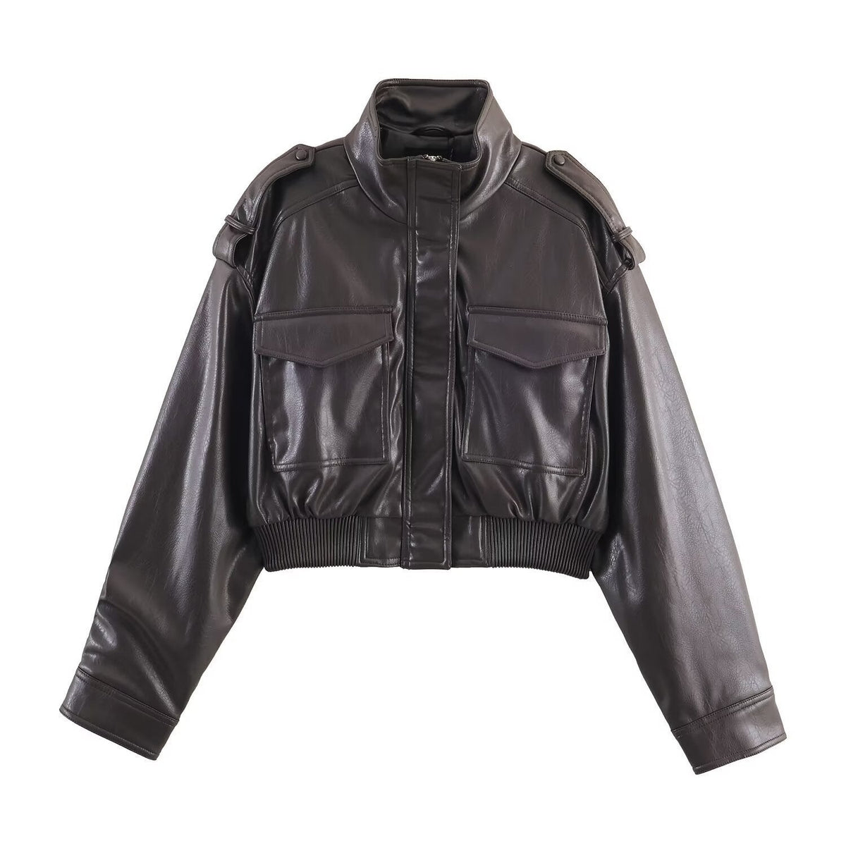 Cropped Faux Leather Bomber Jacket with Flap Pockets - Dark Brown