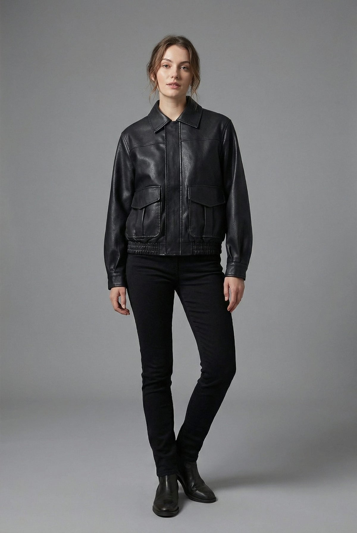 Faux Leather Collared Jacket with Flap Pockets - Black