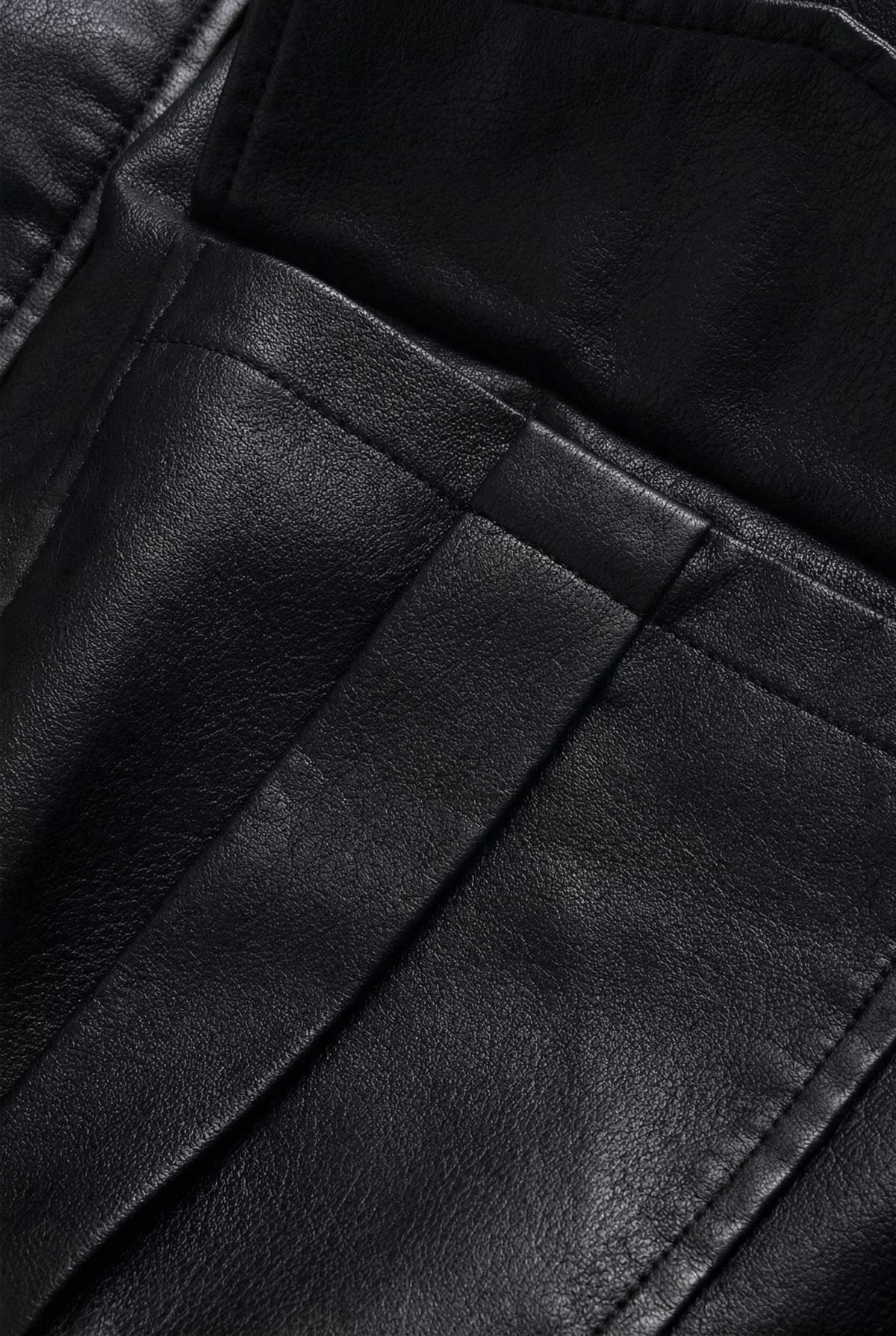 Faux Leather Collared Jacket with Flap Pockets - Black