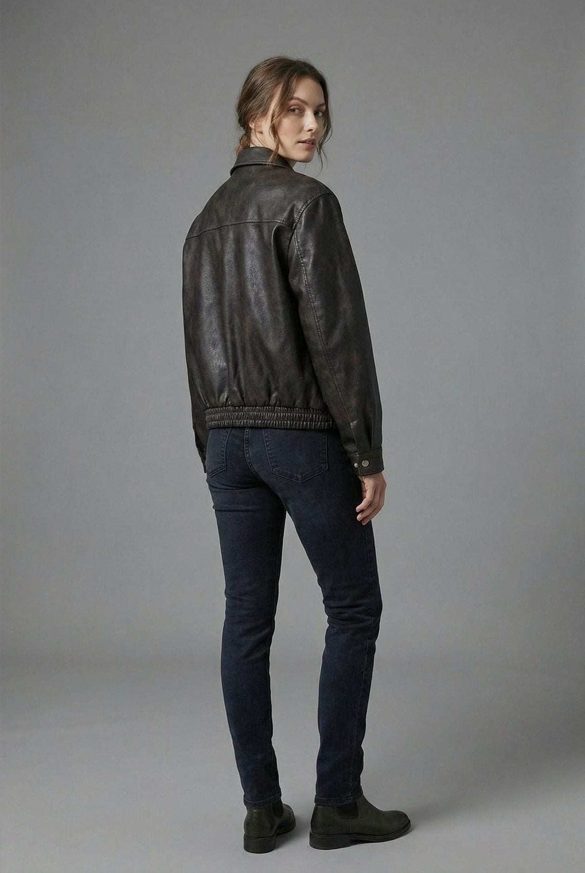 Faux Leather Collared Jacket with Flap Pockets - Coffee