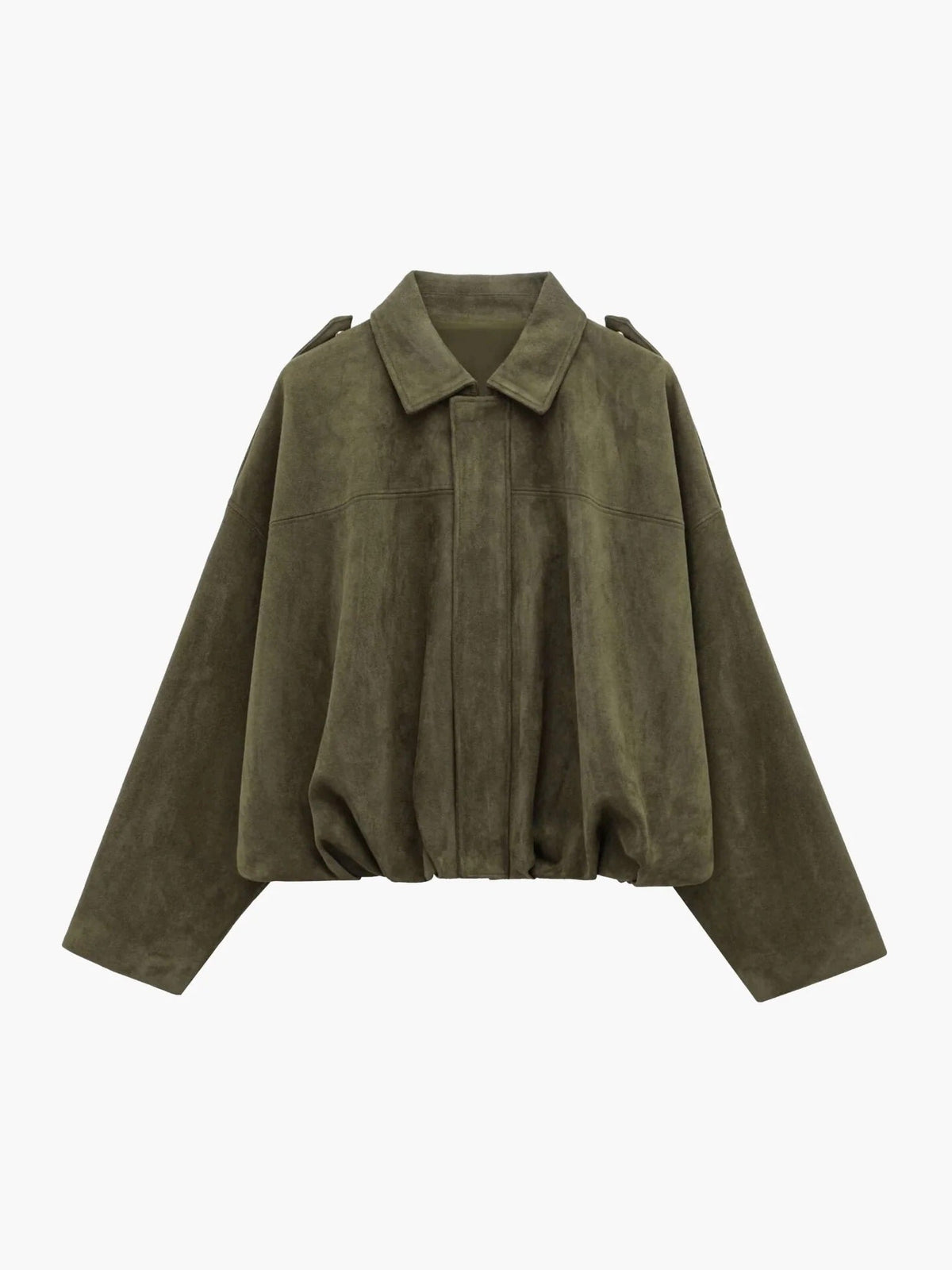 Faux Suede Bomber Jacket with Point Collar - Green