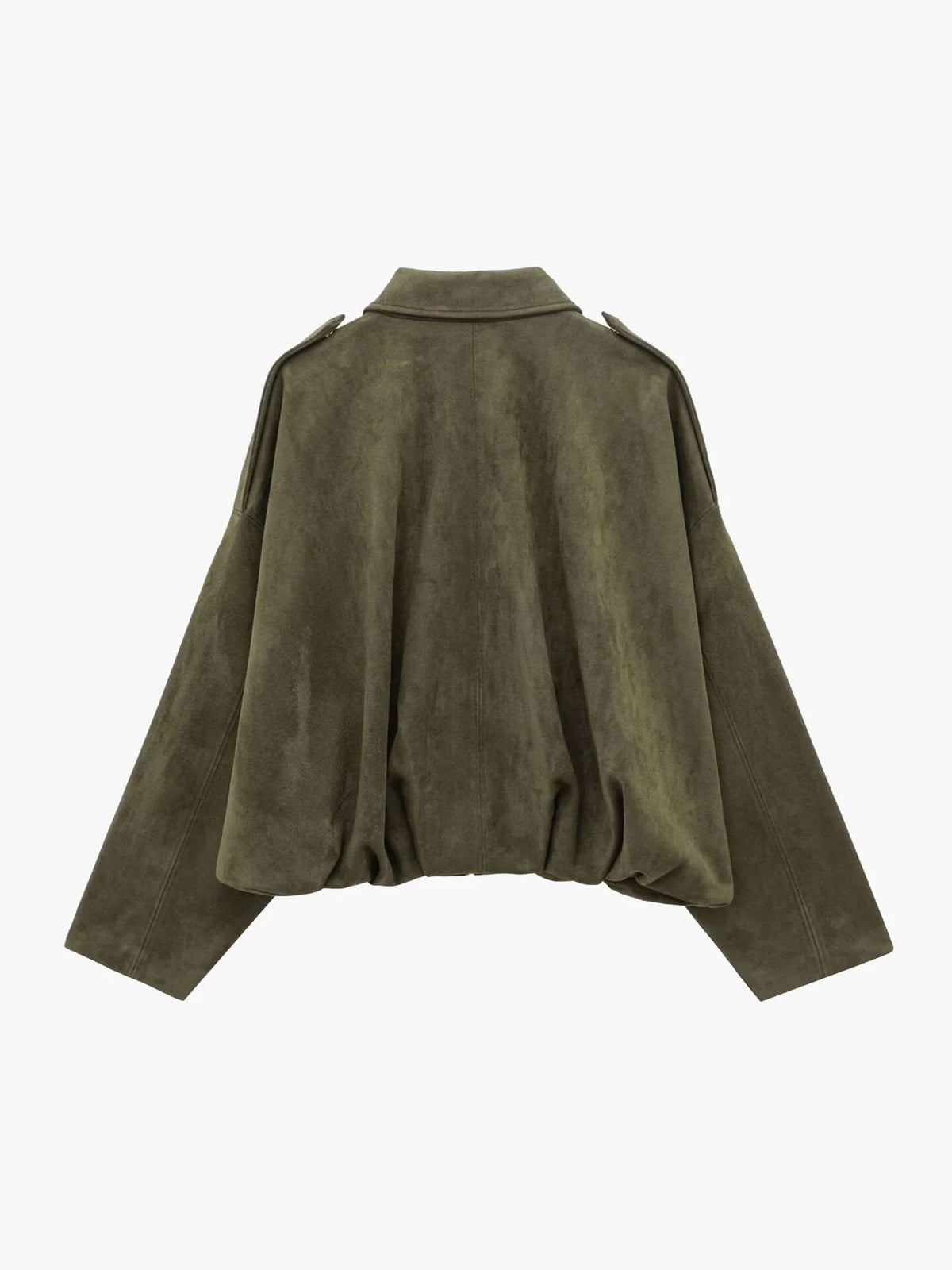 Faux Suede Bomber Jacket with Point Collar - Green