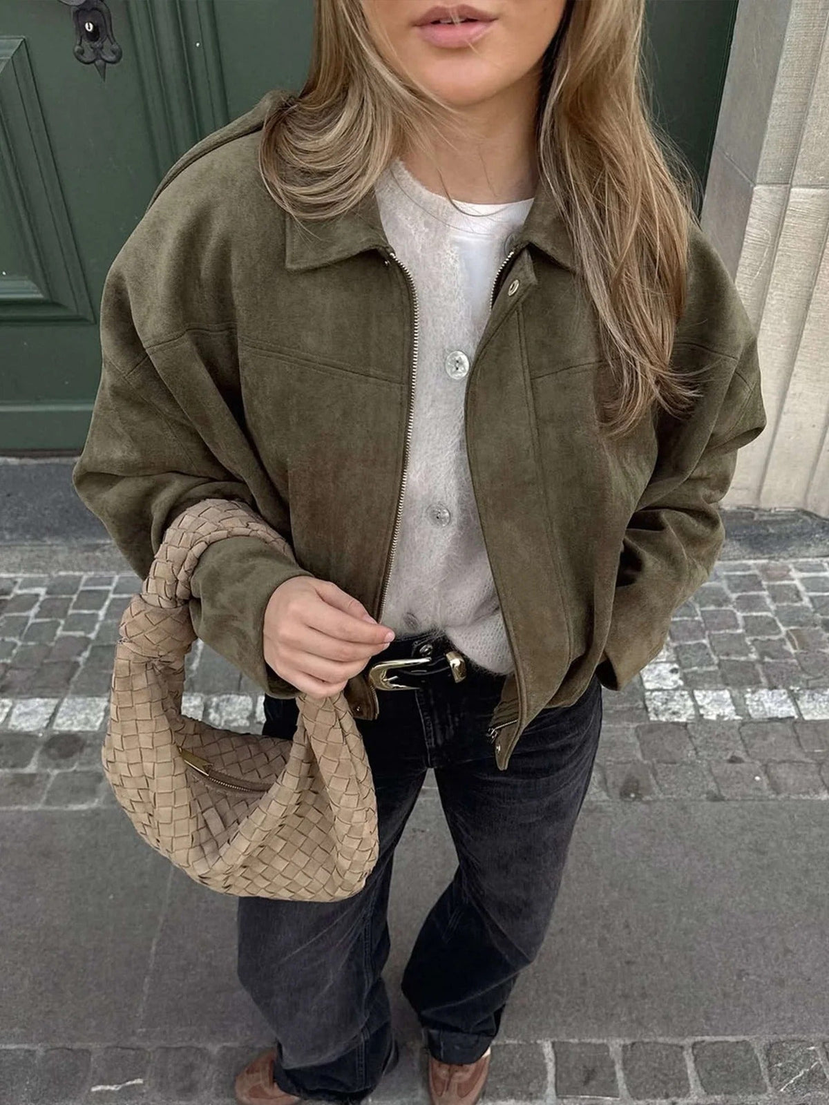 Faux Suede Bomber Jacket with Point Collar - Green