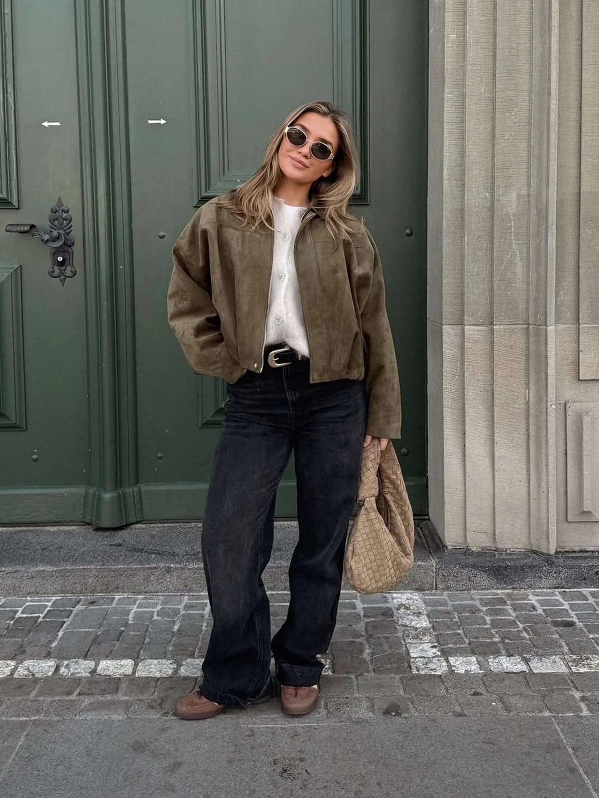 Faux Suede Bomber Jacket with Point Collar - Green
