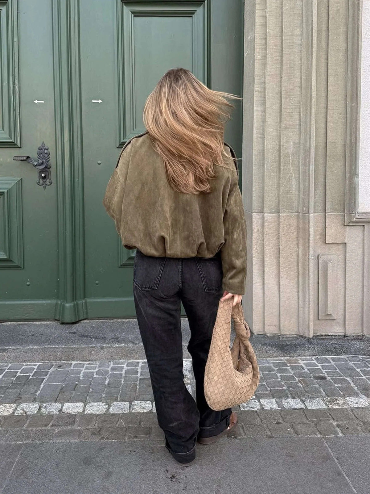 Faux Suede Bomber Jacket with Point Collar - Green