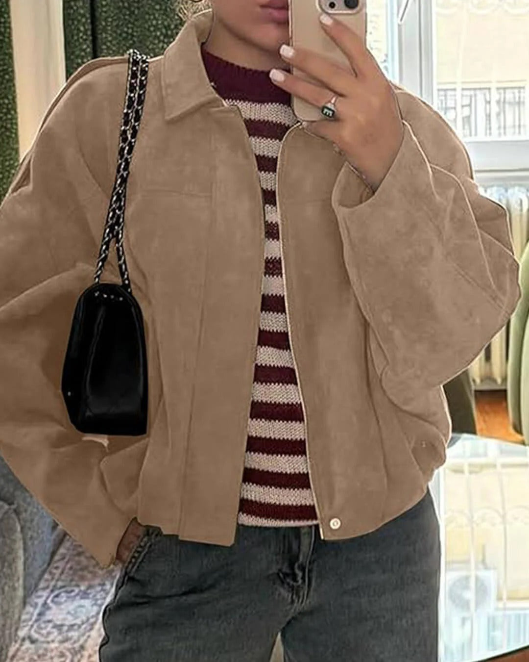 Faux Suede Bomber Jacket with Point Collar - Khaki
