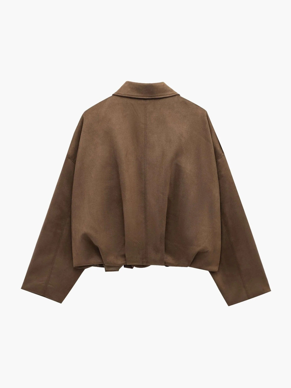 Faux Suede Bomber Jacket with Point Collar - Brown