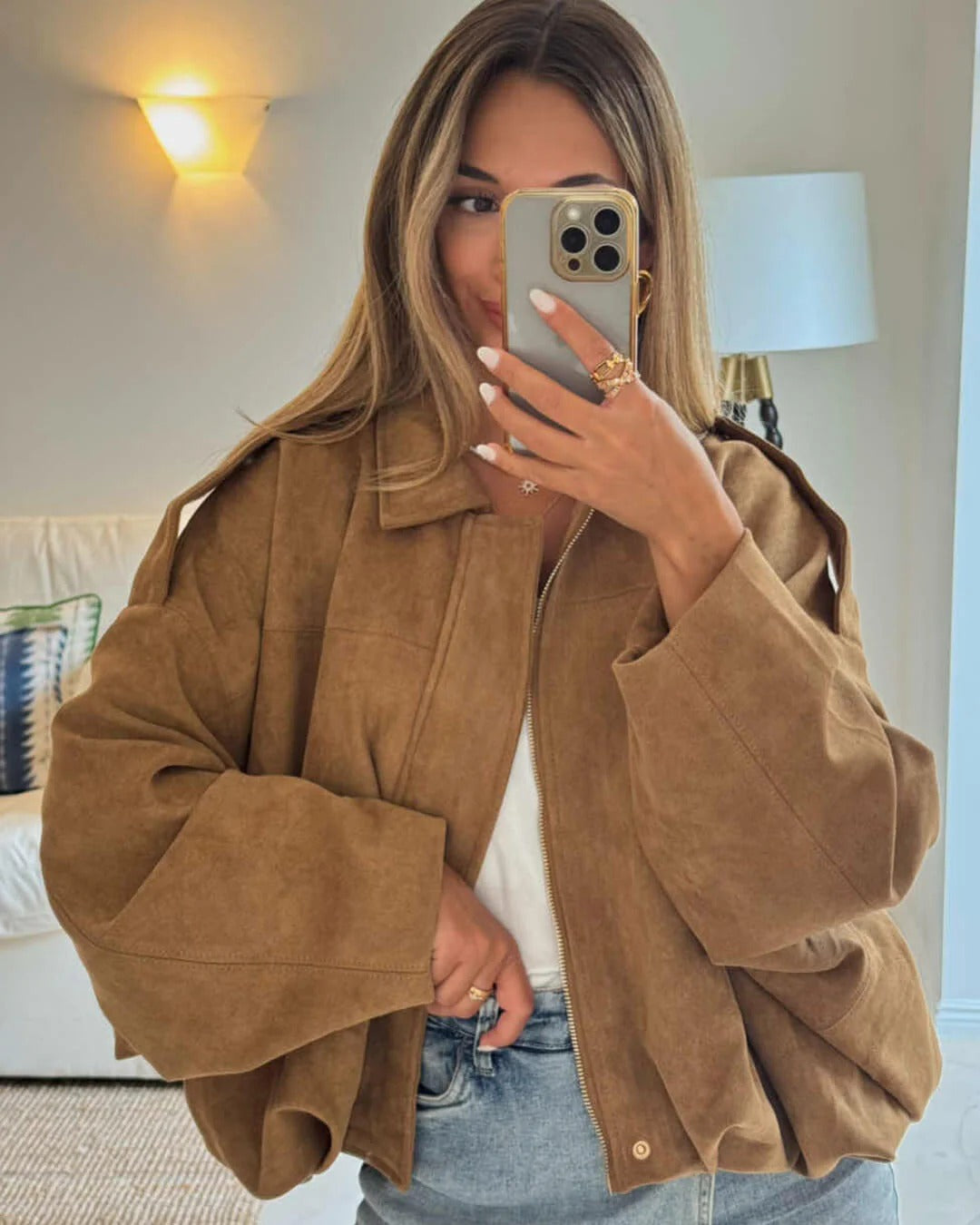 Faux Suede Bomber Jacket with Point Collar - Brown