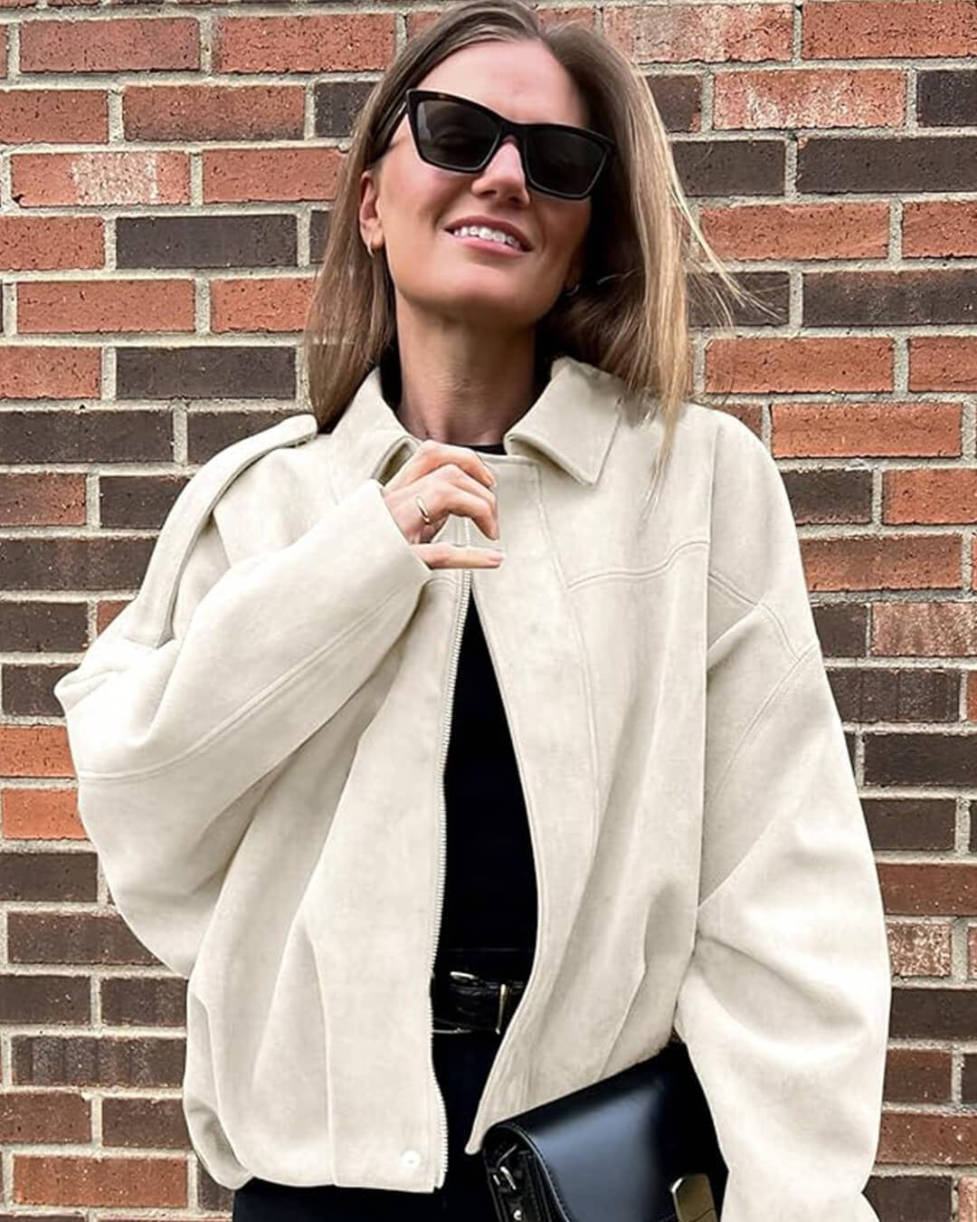 Faux Suede Bomber Jacket with Point Collar - White