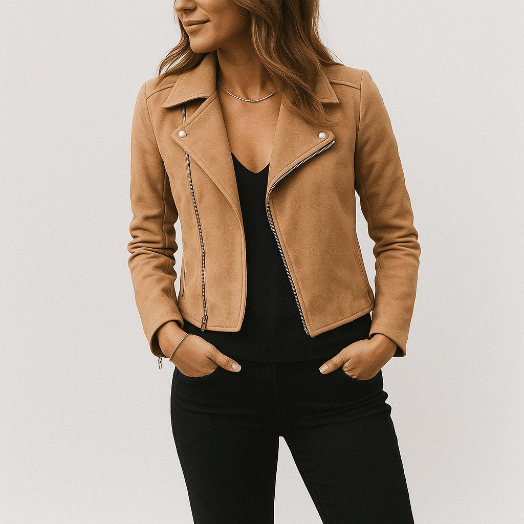 Faux Suede Cropped Biker Jacket - Beige
