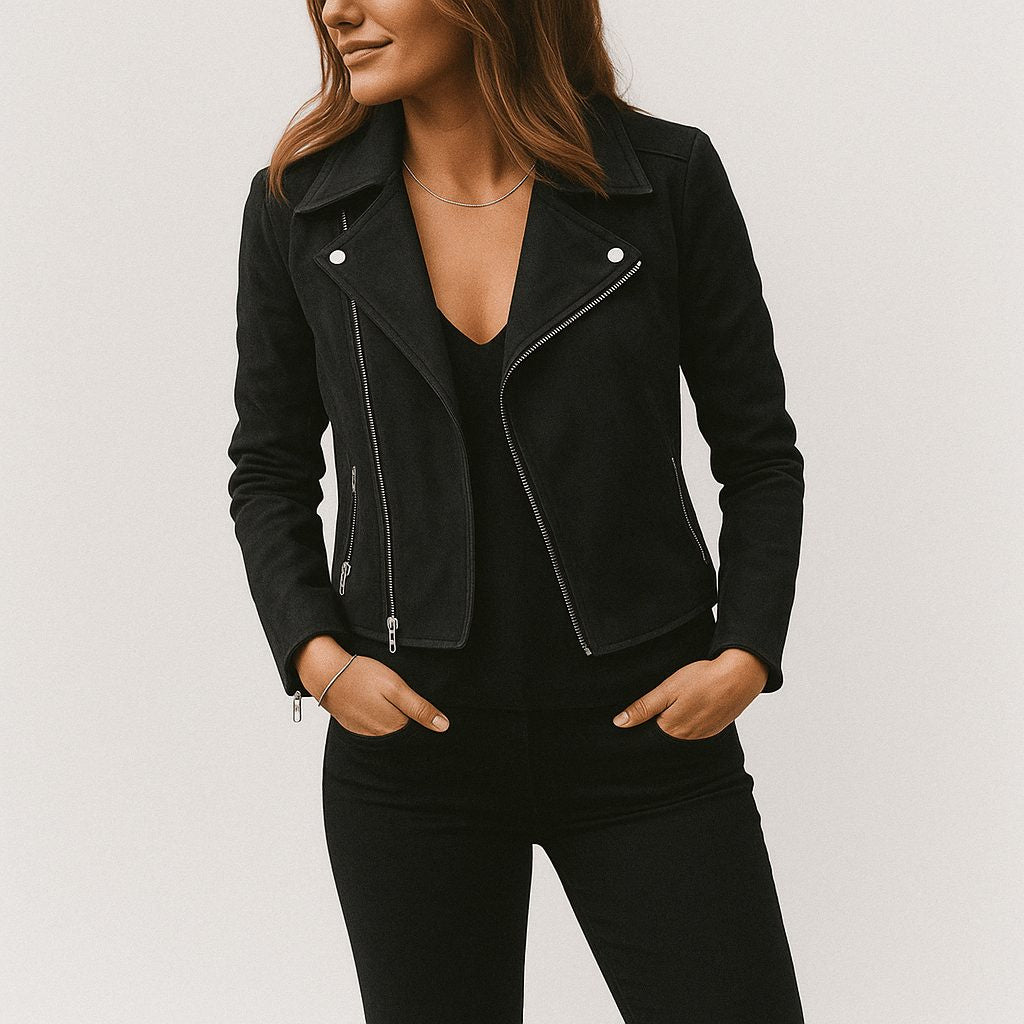Faux Suede Cropped Biker Jacket - Black