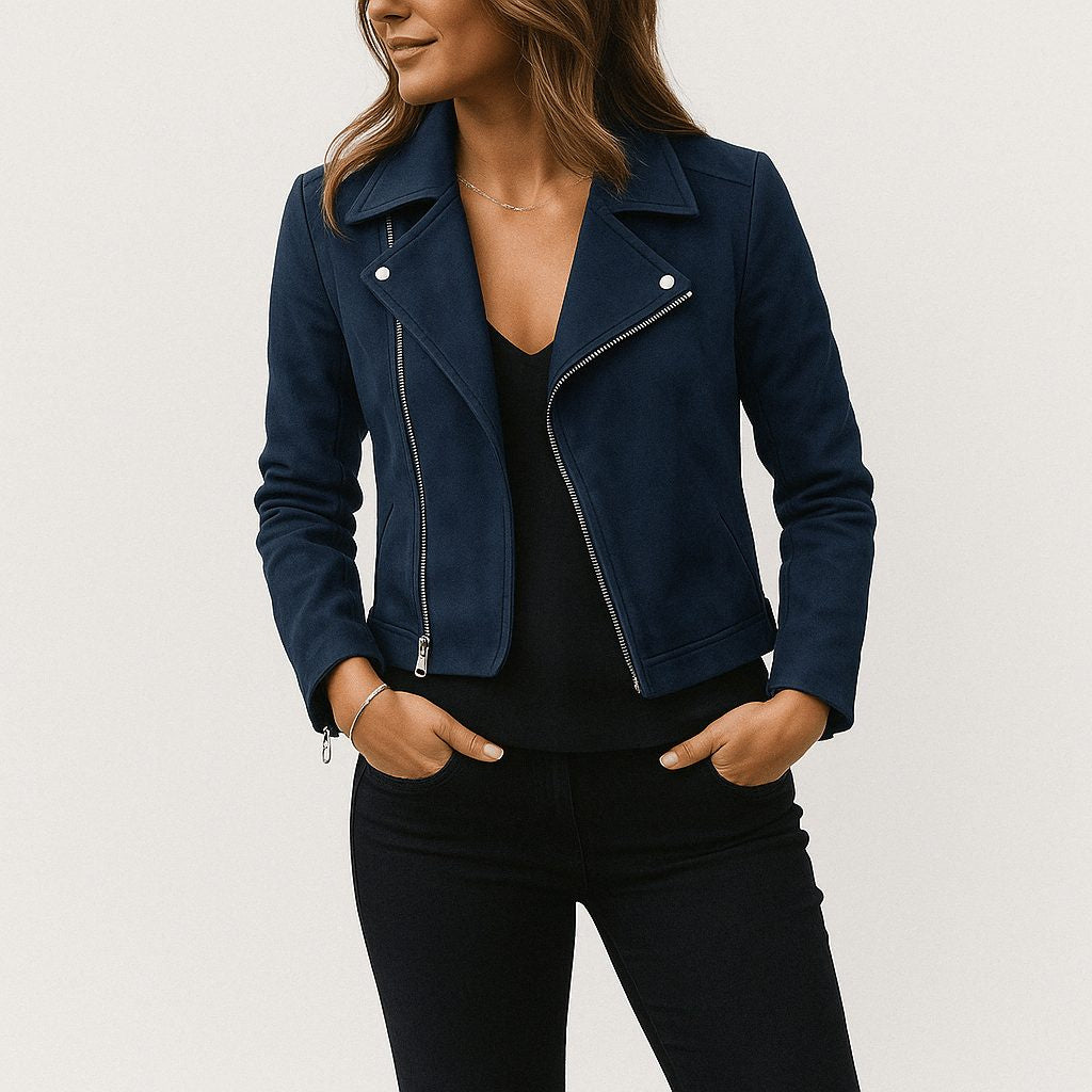 Faux Suede Cropped Biker Jacket - Blue