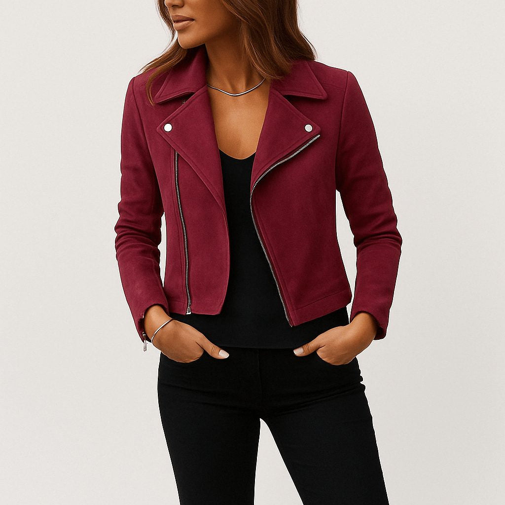 Faux Suede Cropped Biker Jacket - Red