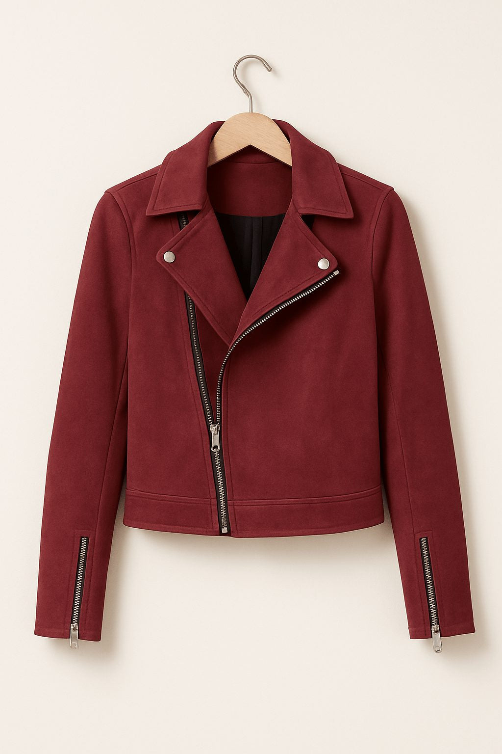 Faux Suede Cropped Biker Jacket - Red