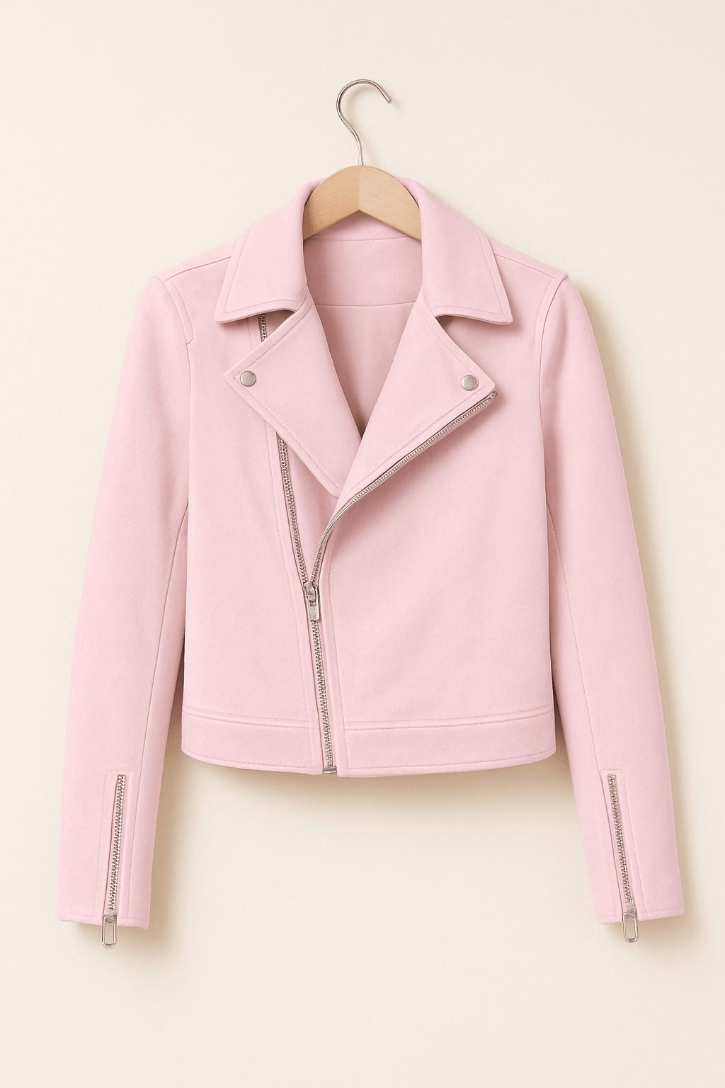 Faux Suede Cropped Biker Jacket - Pink