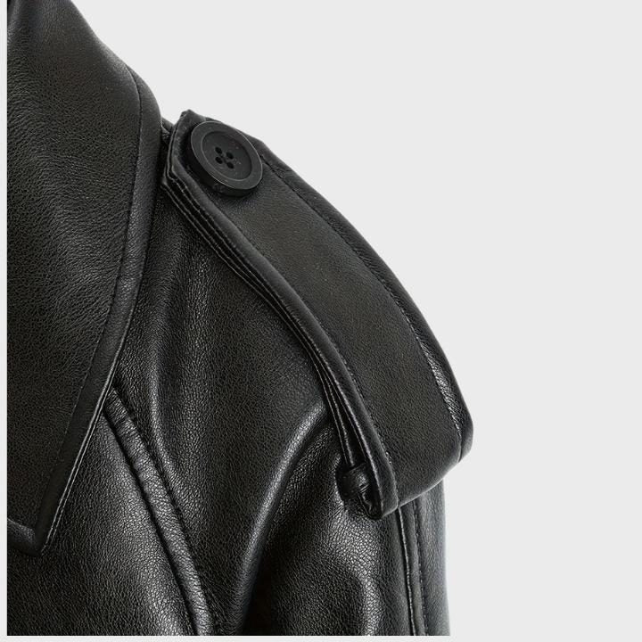 Cropped Biker Jacket with Wide Lapels and Belt - Black