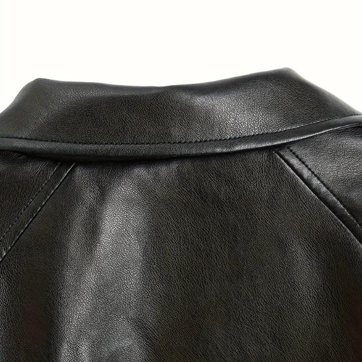 Cropped Biker Jacket with Wide Lapels and Belt - Black