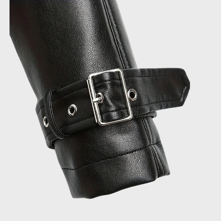 Cropped Biker Jacket with Wide Lapels and Belt - Black