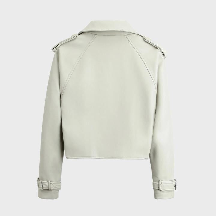 Cropped Biker Jacket with Wide Lapels and Belt - White
